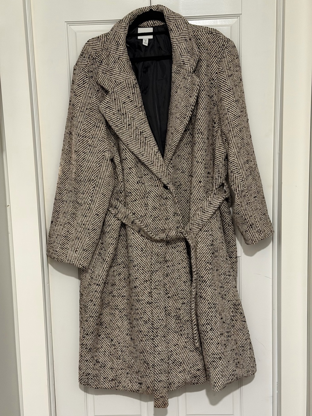 Nine West Beige and Black Herringbone Belted Wrap Coat